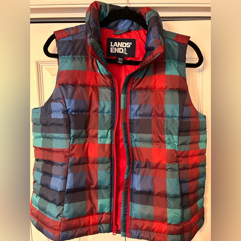 Lands’ End Women’s Puffer Vest - Red Plaid Down Filler - Puffer Medium Petite